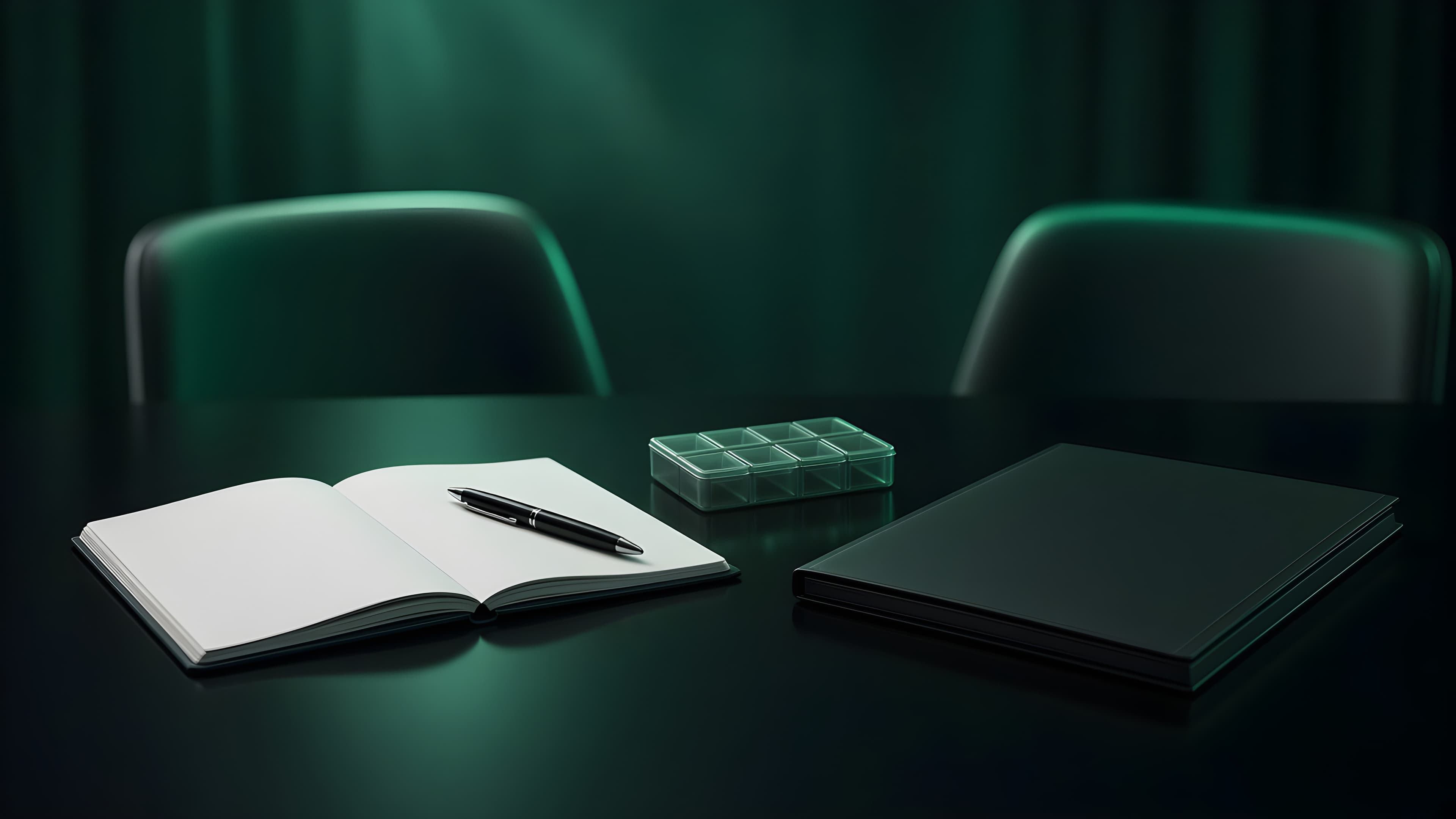 Notizbuch mit Stift, Tablettenbox und Mappe auf einem Tisch, zwei leere Stühle (KI-generierte Visualisierung)