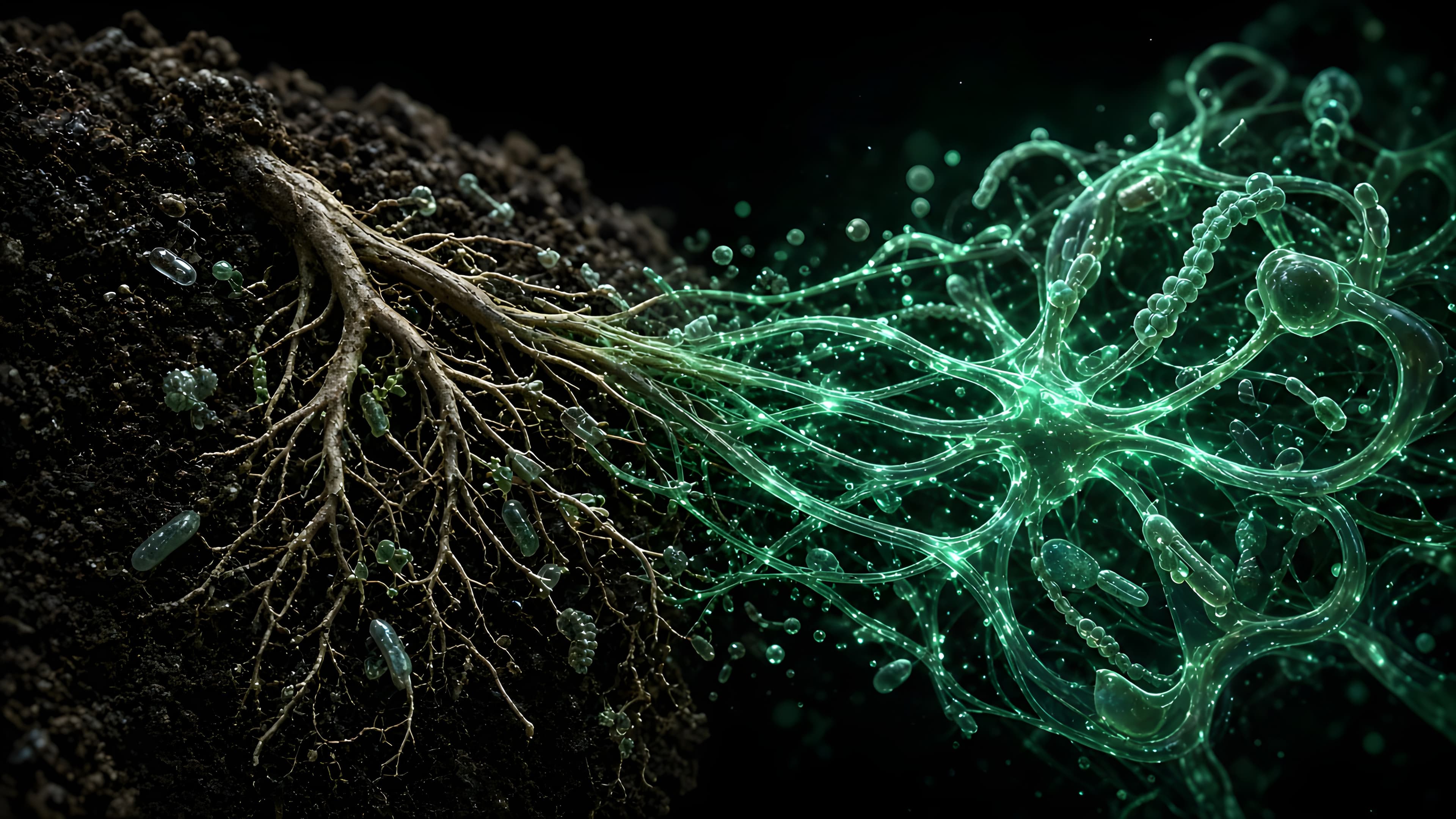 Boden mit Wurzeln, der in ein leuchtendes Mikrobiom-Netz übergeht (KI-generierte Visualisierung)