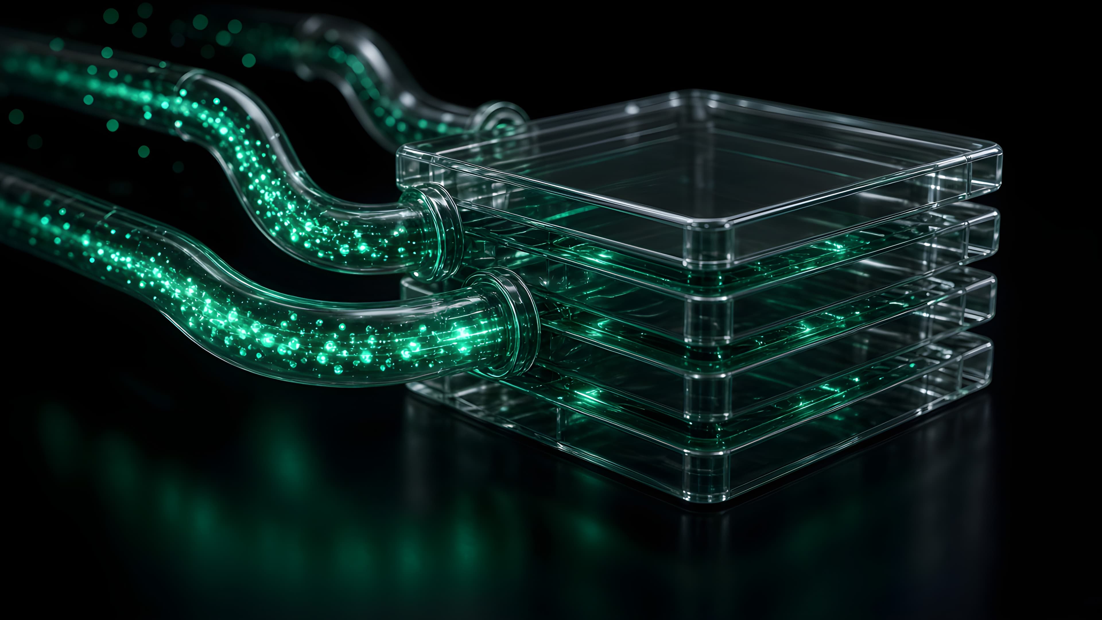Lichtströme in Glasröhren, die in einen versiegelten Glasblock fließen (KI-generierte Visualisierung)