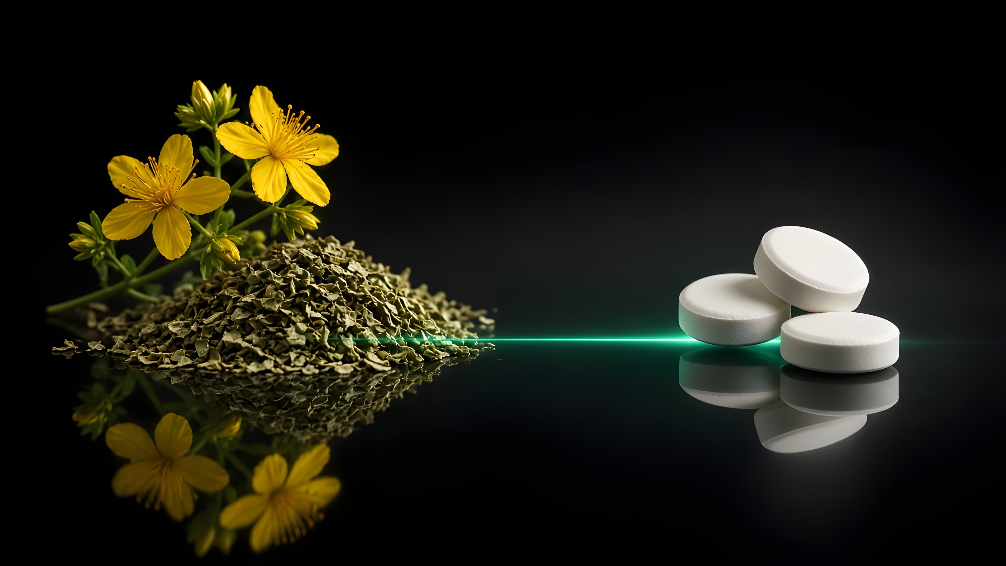 Johanniskraut-Blüten und Tabletten, durch eine smaragdgrüne Lichtlinie verbunden (KI-generierte Visualisierung)