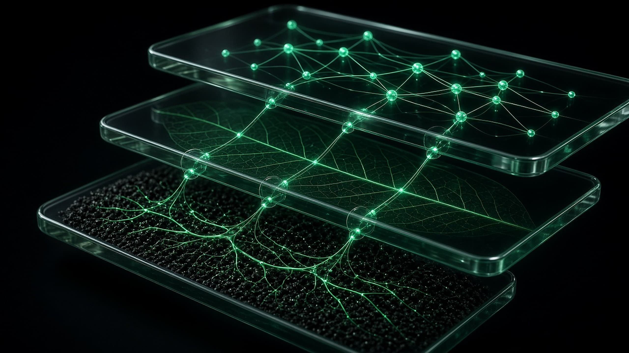 Drei gläserne Ebenen – Bodenstruktur, Blattadern, Lichtnetz – verbunden durch nachverfolgbare smaragdgrüne Lichtfäden (KI-generierte Visualisierung)