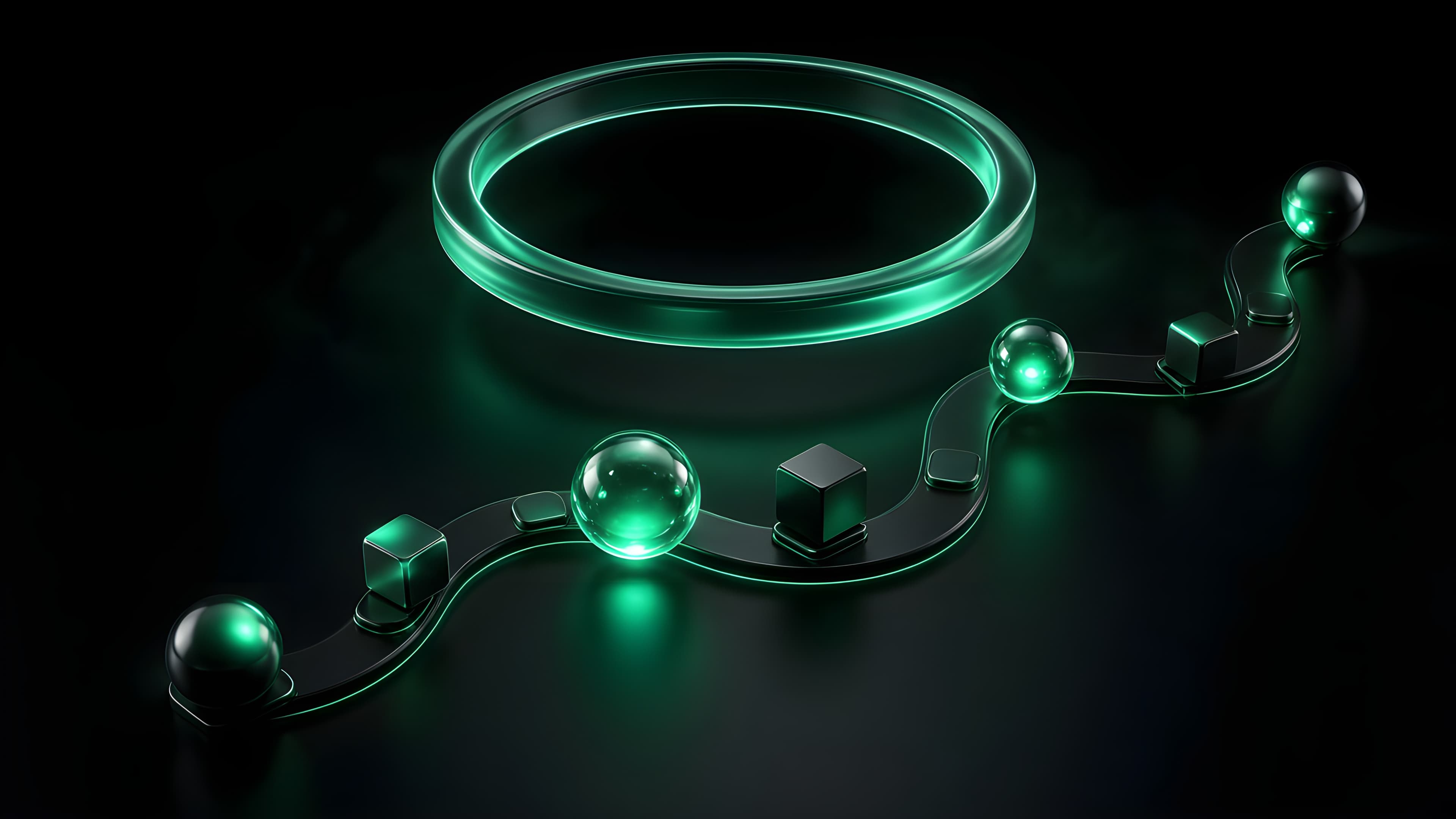 Abstrakte geometrische Agenten auf einem geführten Lichtpfad mit einem großen Aufsichts-Ring (KI-generierte Visualisierung)