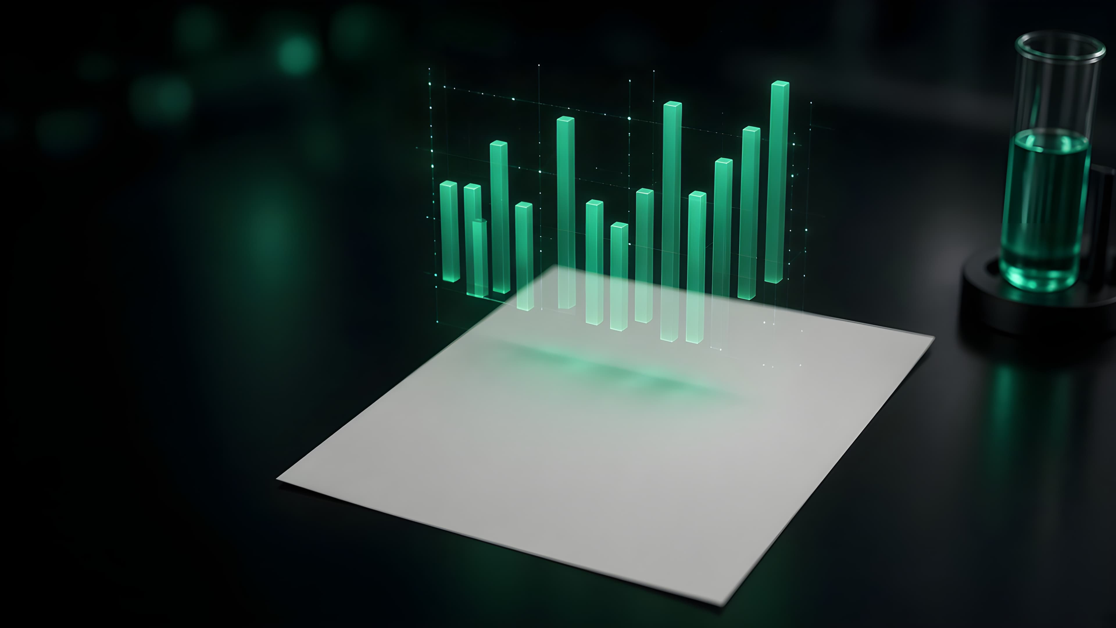 Leeres Laborbefund-Blatt mit leuchtenden Messbalken und einem Reagenzglas (KI-generierte Visualisierung)