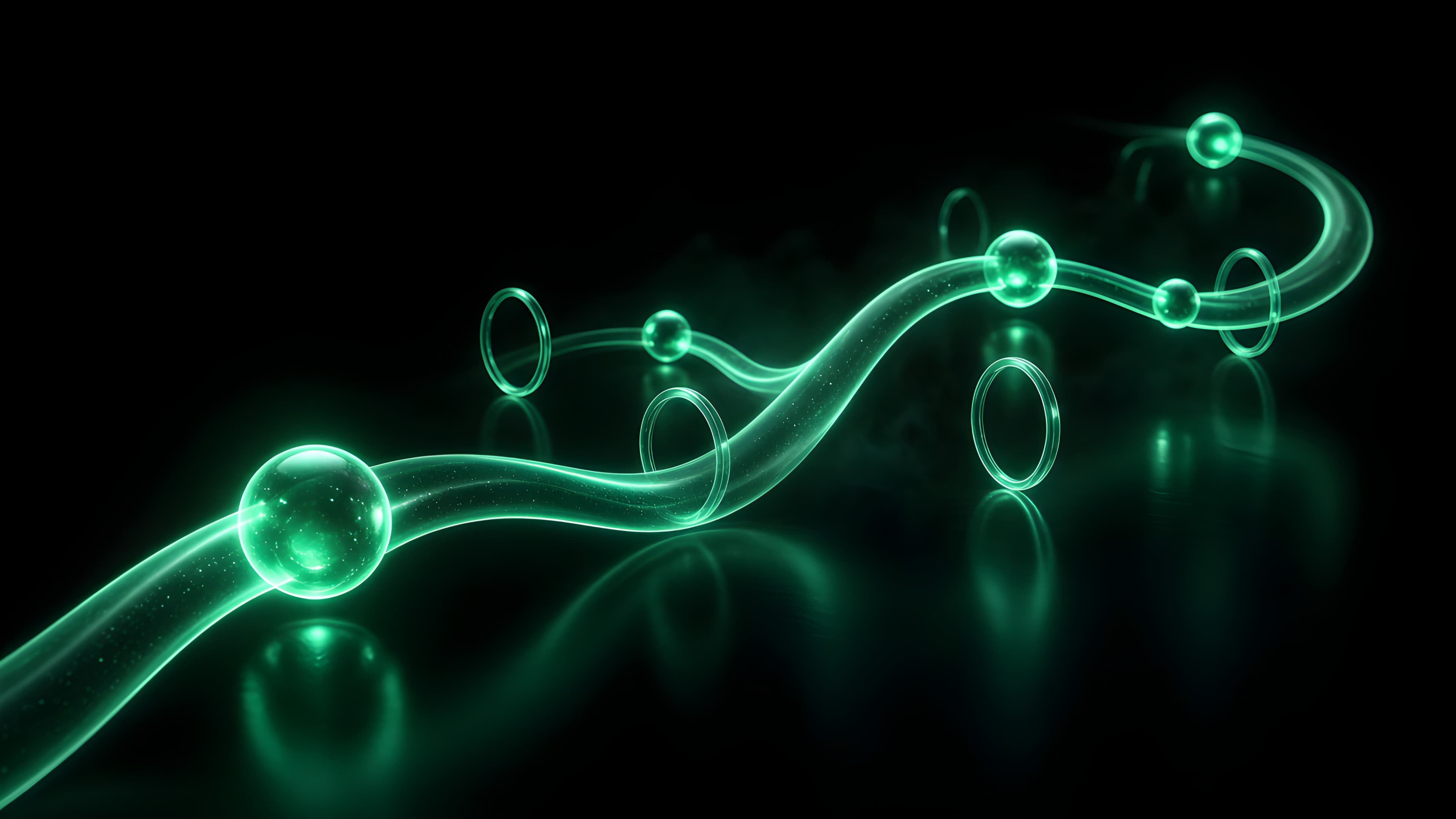 Leuchtende Zeitlinie mit Knotenpunkten über schwarzem Glas (KI-generierte Visualisierung)