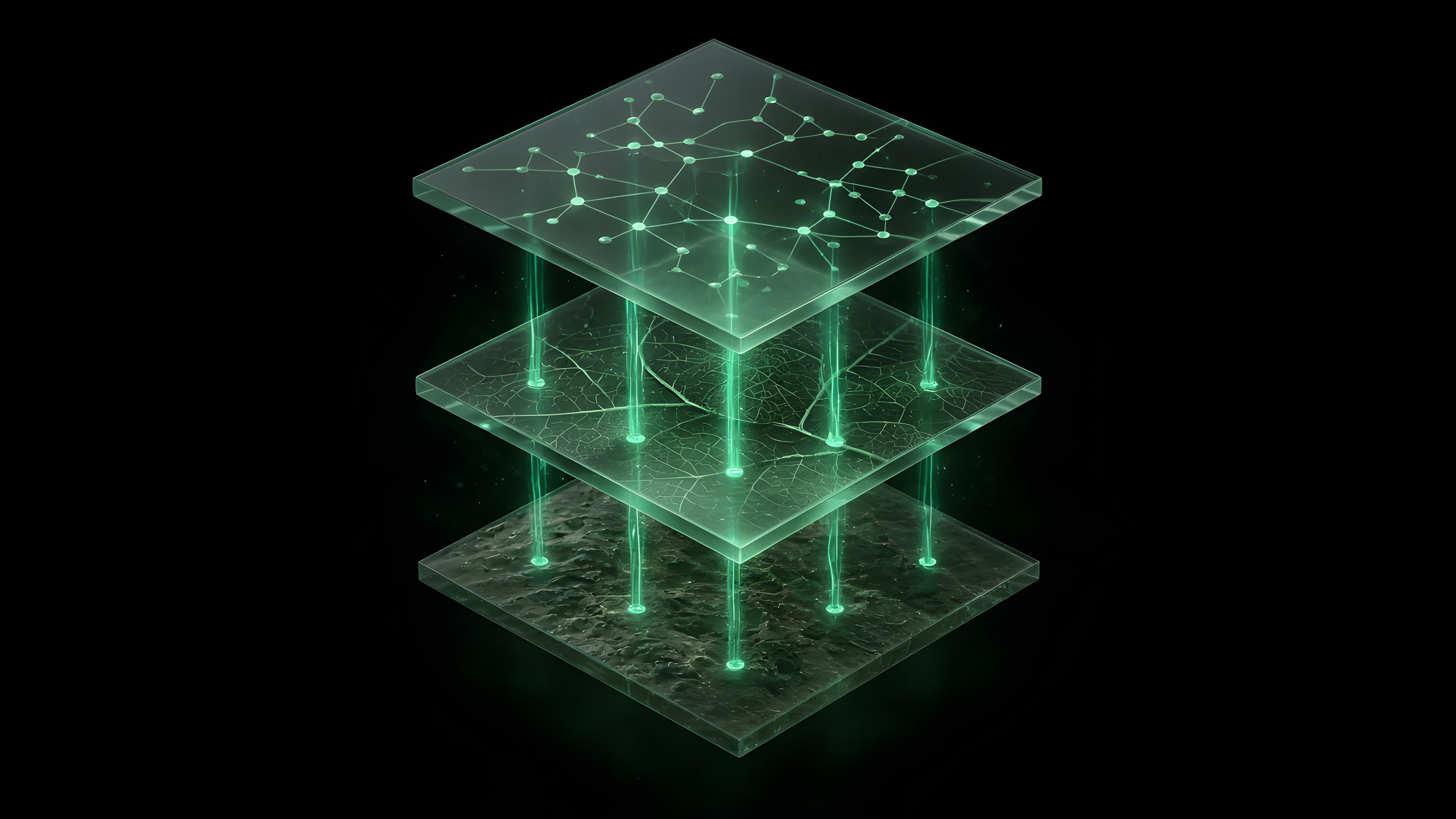 Gestapelte Glasebenen, verbunden durch smaragdgrüne Lichtleitungen (KI-generierte Visualisierung)